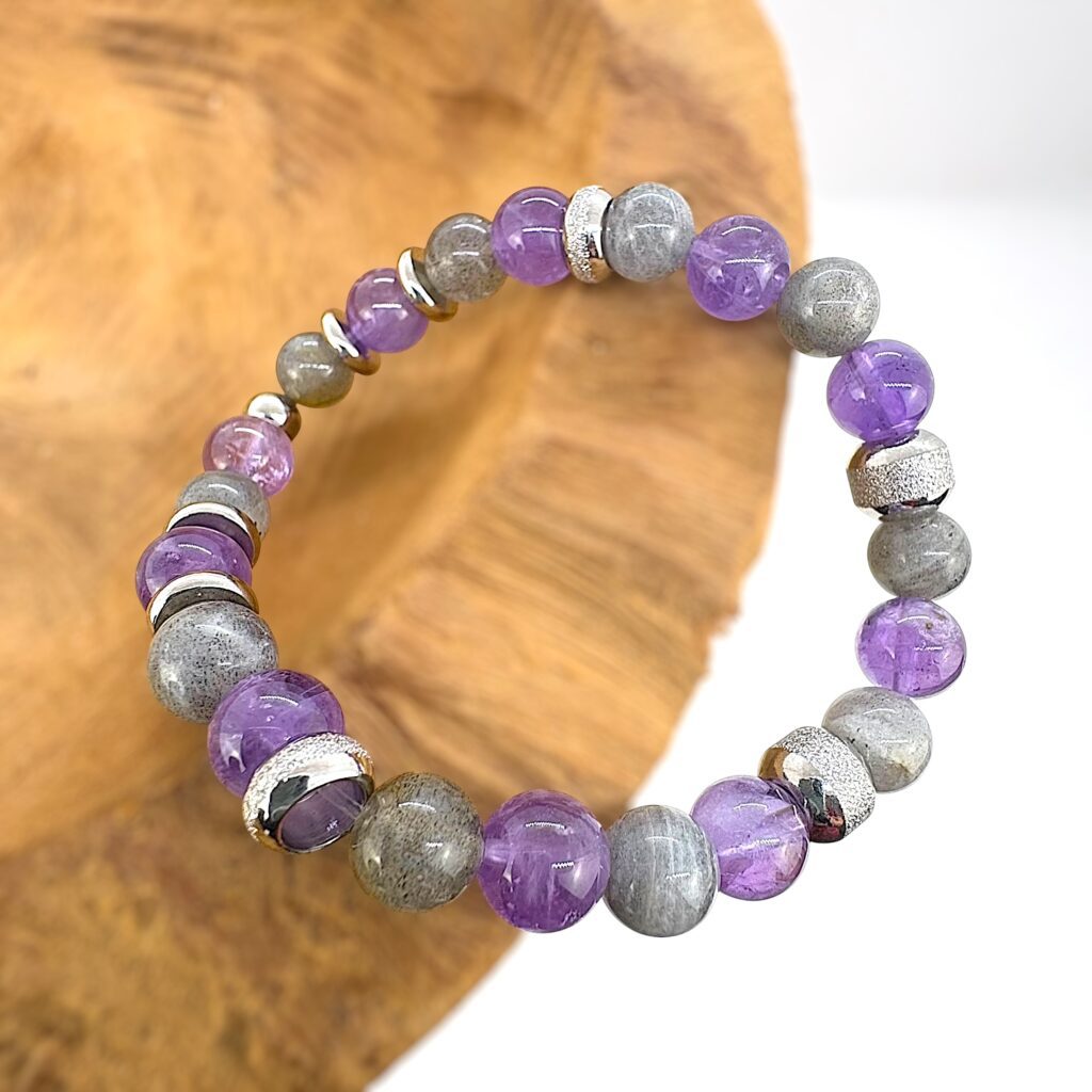 bracelet mémoire concentration en perles de 8mm, améthyste et labradorite